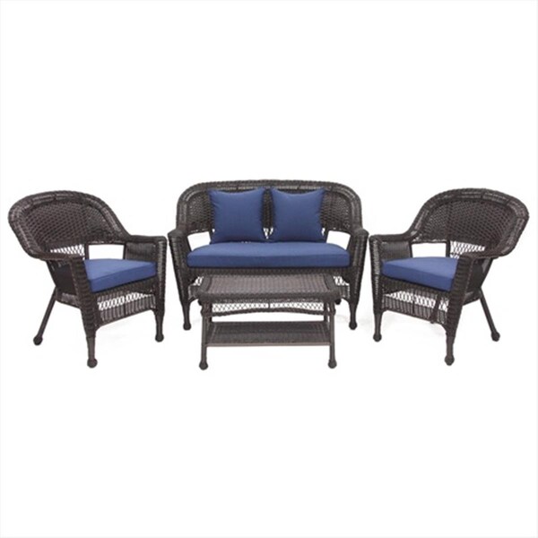 Jeco 4 Piece Espresso Wicker Conversation Set - Navy Blue Cushions - W00201-G-FS011