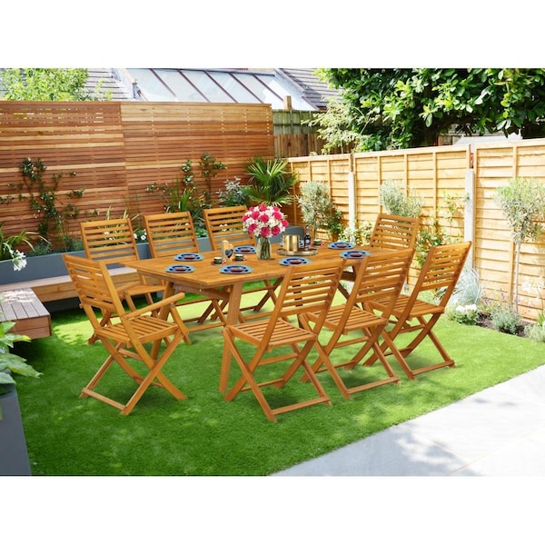 East West Furniture 9 Piece Denison Small Patio Furniture Set - Natural Oil - DEBS92CANA