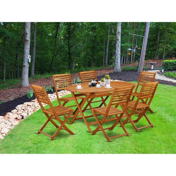 East West Furniture 7 Piece Diboll Acacia Courtyard Dining Set - Natural Oil - DIBS7CWNA
