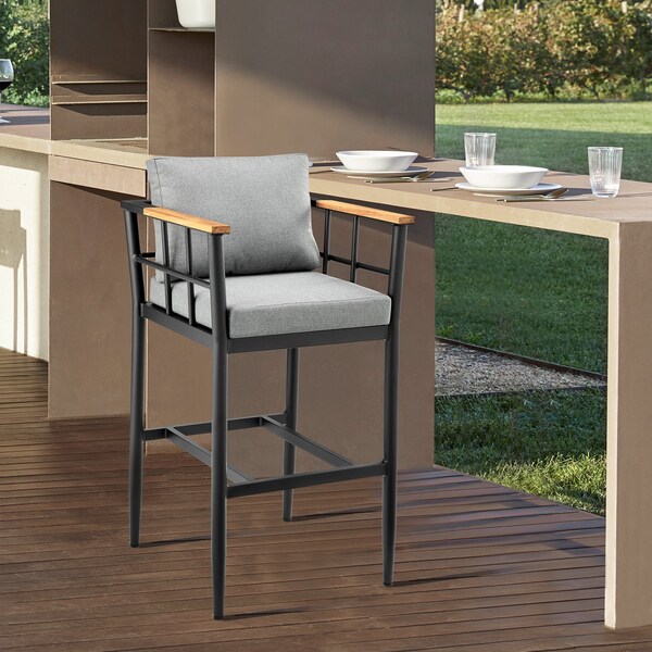 Armen Living Wiglaf Outdoor Patio Bar Stool in Aluminum and Teak with Gray Cushions - 840254333055