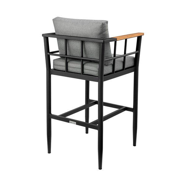 Armen Living Wiglaf Outdoor Patio Bar Stool in Aluminum and Teak with Gray Cushions - 840254333055