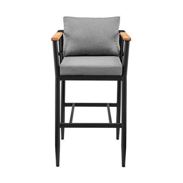 Armen Living Wiglaf Outdoor Patio Bar Stool in Aluminum and Teak with Gray Cushions - 840254333055