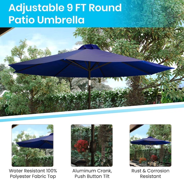 Flash Furniture Faux Teak 35" Table-Navy Umbrella-Base-4 Chairs - XU-DG-810060364-UB19BNV-GG