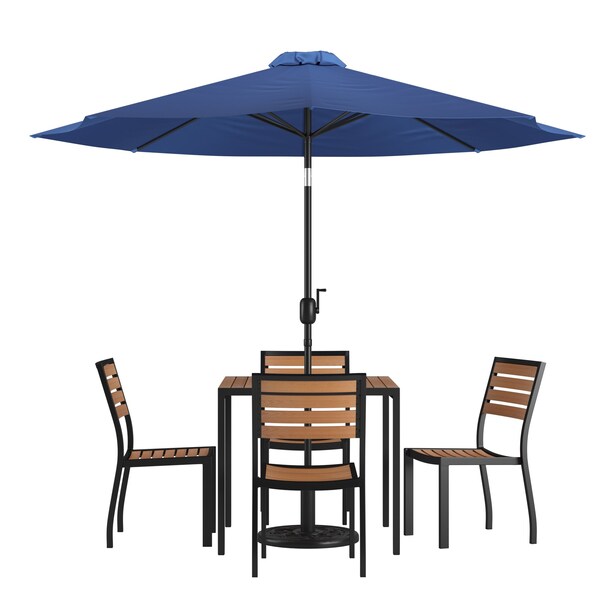 Flash Furniture Faux Teak 35" Table-Navy Umbrella-Base-4 Chairs - XU-DG-810060364-UB19BNV-GG