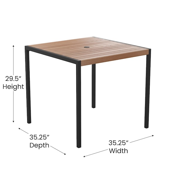 Flash Furniture Faux Teak 35" Table-Navy Umbrella-Base-4 Chairs - XU-DG-810060364-UB19BNV-GG
