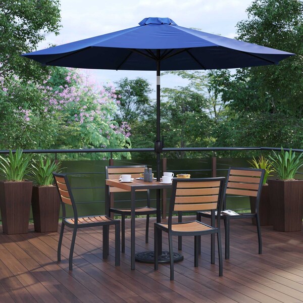 Flash Furniture Faux Teak 35" Table-Navy Umbrella-Base-4 Chairs - XU-DG-810060364-UB19BNV-GG