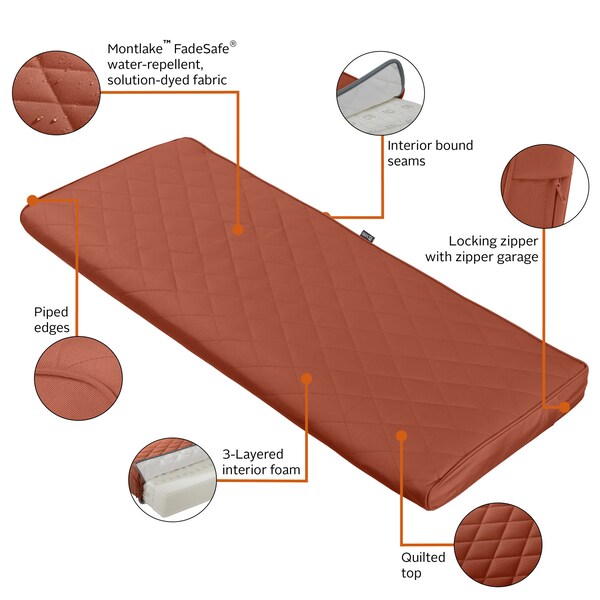 Classic Accessories Montlake Quilted Patio Cushion, Spice, 42"x18"x3" - 62-014-QSPICE-EC