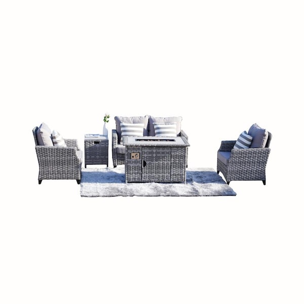 Direct Wicker 5 Piece Outdoor PE Rattan Gas Fire Sofa Seating Group with Cushions Set for Patio and Garden - PAF-1801-GREY