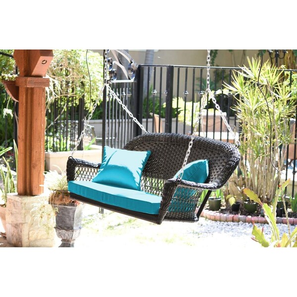 Jeco Espresso Resin Wicker Porch Swing with Sky Blue Cushion - W00202S-A-FS027