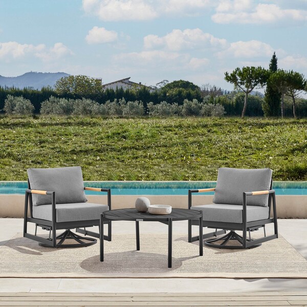 Armen Living Royal and Tiffany 3 Piece Outdoor Patio Swivel Seating Set in Black Aluminum with Teak Wood - 840254332614