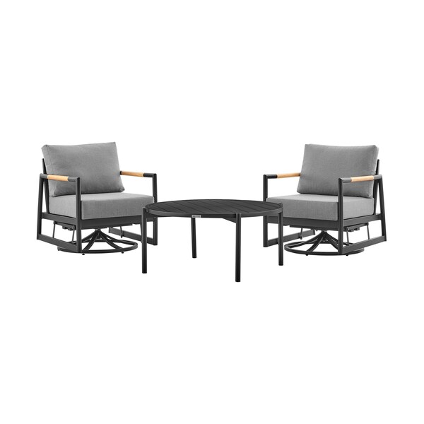 Armen Living Royal and Tiffany 3 Piece Outdoor Patio Swivel Seating Set in Black Aluminum with Teak Wood - 840254332614