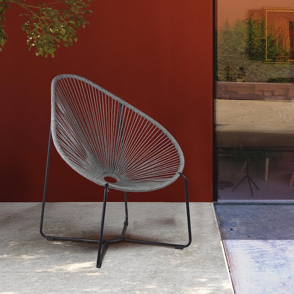 Armen Living Acapulco Indoor Outdoor Steel Papasan Lounge Chair with Gray Rope - LCACSIGRY