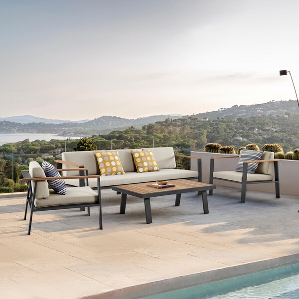 Armen Living Nofi 4 piece Outdoor Patio Set in Charcoal Finish with Taupe Cushions and Teak Wood - SETODNOBE
