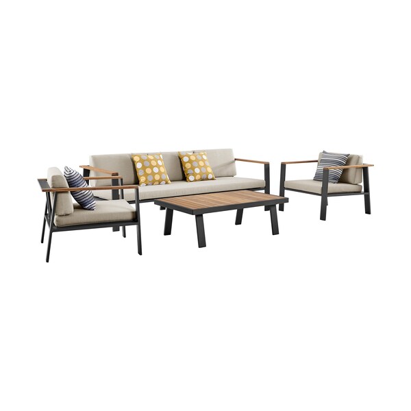 Armen Living Nofi 4 piece Outdoor Patio Set in Charcoal Finish with Taupe Cushions and Teak Wood - SETODNOBE