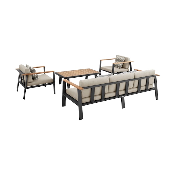 Armen Living Nofi 4 piece Outdoor Patio Set in Charcoal Finish with Taupe Cushions and Teak Wood - SETODNOBE