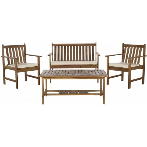 Safavieh Burbank 4 Piece Outdoor Set- Teak Look and Beige - PAT7006A
