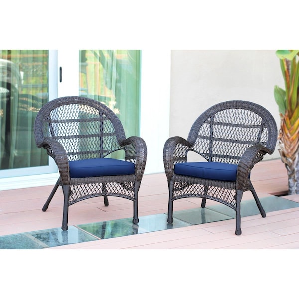 Jeco W00208-C-2-FS011-CS Espresso Wicker Chair with Blue Cushion, 2PK - W00208-C_2-FS011-CS