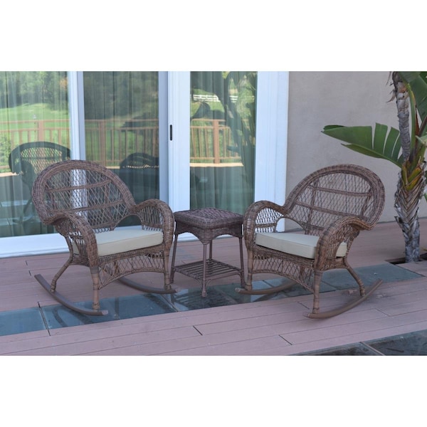 Jeco W00210-2-RCES006 3 Piece Santa Maria Honey Rocker Wicker Chair Set, Tan Cushion - W00210_2-RCES006