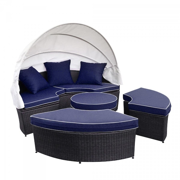 Jeco All-Weather Wicker Sectional Daybed, Blue Cushion - WB001-FS011