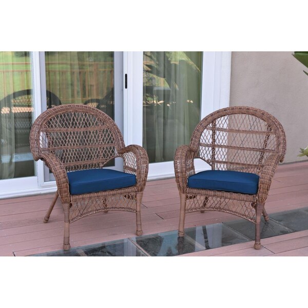 Jeco W00210-C-2-FS011 Santa Maria Honey Wicker Chair with Blue Cushion, 2PK - W00210-C_2-FS011