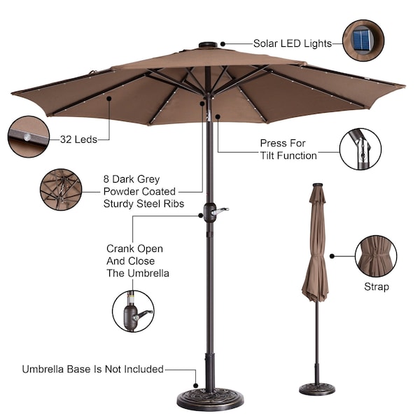 Villacera 9-Foot LED Outdoor Patio Umbrella, Brown - 83-OUT5421
