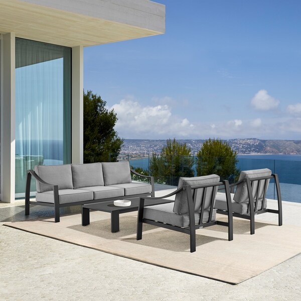 Armen Living Mongo 4 Piece Outdoor Patio Furniture Set in Black Aluminum with Gray Cushions - 840254332423