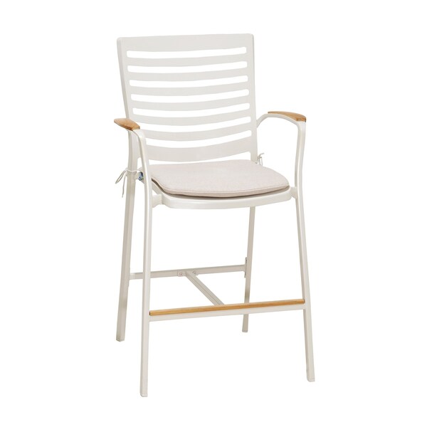 Armen Living Portals Outdoor Patio Aluminum Barstool in Light Matte Sand with Natural Teak Wood Accent - LCPLBAWH