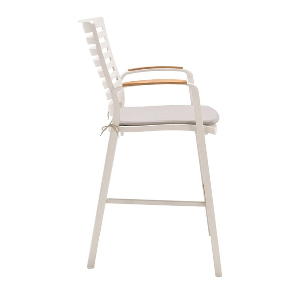 Armen Living Portals Outdoor Patio Aluminum Barstool in Light Matte Sand with Natural Teak Wood Accent - LCPLBAWH