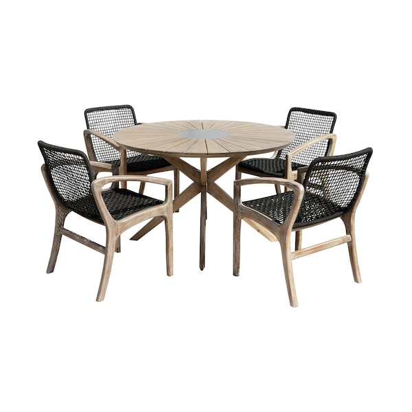 Armen Living Sachi and Brighton 5 Piece Dining Set in Light Eucalyptus Wood with Charcoal Rope - 840254332393