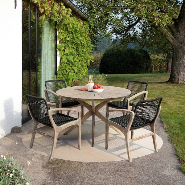 Armen Living Sachi and Brighton 5 Piece Dining Set in Light Eucalyptus Wood with Charcoal Rope - 840254332393