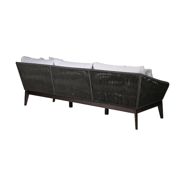 Armen Living Athos Indoor Outdoor 3 Seater Sofa in Dark Eucalyptus Wood with Charcoal Rope and Gray Cushions - LCATSOWDDK
