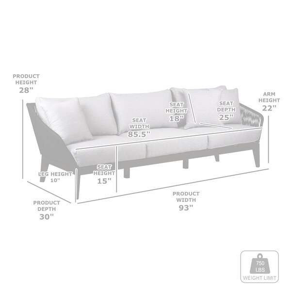 Armen Living Athos Indoor Outdoor 3 Seater Sofa in Dark Eucalyptus Wood with Charcoal Rope and Gray Cushions - LCATSOWDDK