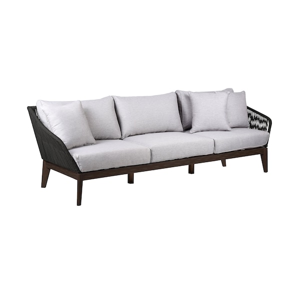 Armen Living Athos Indoor Outdoor 3 Seater Sofa in Dark Eucalyptus Wood with Charcoal Rope and Gray Cushions - LCATSOWDDK