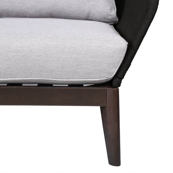 Armen Living Athos Indoor Outdoor 3 Seater Sofa in Dark Eucalyptus Wood with Charcoal Rope and Gray Cushions - LCATSOWDDK
