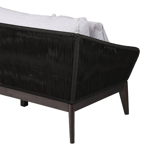 Armen Living Athos Indoor Outdoor 3 Seater Sofa in Dark Eucalyptus Wood with Charcoal Rope and Gray Cushions - LCATSOWDDK