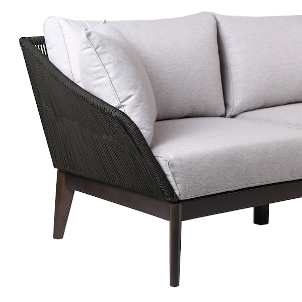 Armen Living Athos Indoor Outdoor 3 Seater Sofa in Dark Eucalyptus Wood with Charcoal Rope and Gray Cushions - LCATSOWDDK