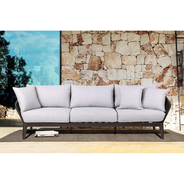 Armen Living Athos Indoor Outdoor 3 Seater Sofa in Dark Eucalyptus Wood with Charcoal Rope and Gray Cushions - LCATSOWDDK