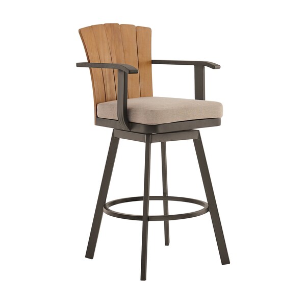 Armen Living Hazel Outdoor Patio Swivel Bar Stool in Aluminum with Teak Wood and Brown Cushion - LCHABABRN30