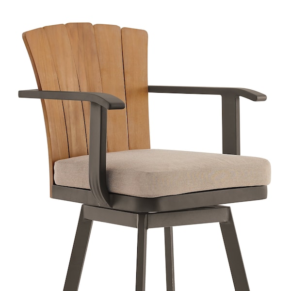Armen Living Hazel Outdoor Patio Swivel Bar Stool in Aluminum with Teak Wood and Brown Cushion - LCHABABRN30