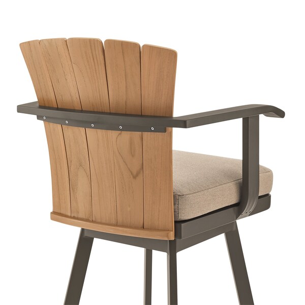 Armen Living Hazel Outdoor Patio Swivel Bar Stool in Aluminum with Teak Wood and Brown Cushion - LCHABABRN30