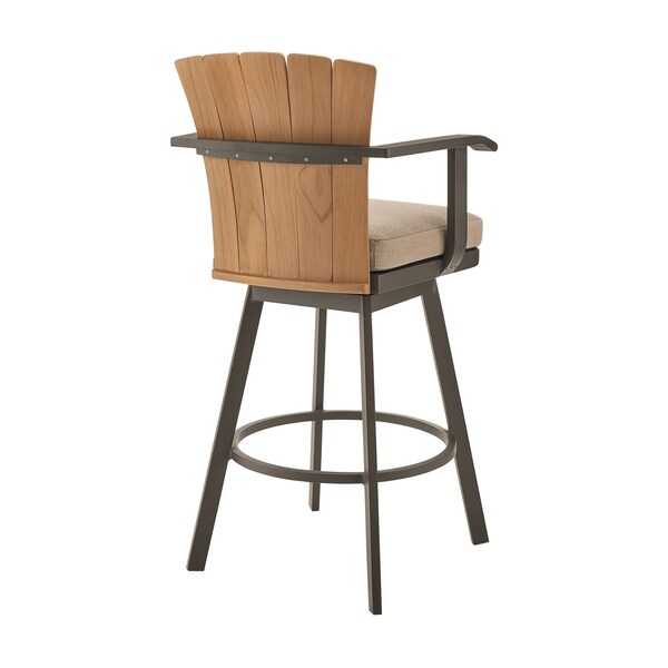 Armen Living Hazel Outdoor Patio Swivel Bar Stool in Aluminum with Teak Wood and Brown Cushion - LCHABABRN30