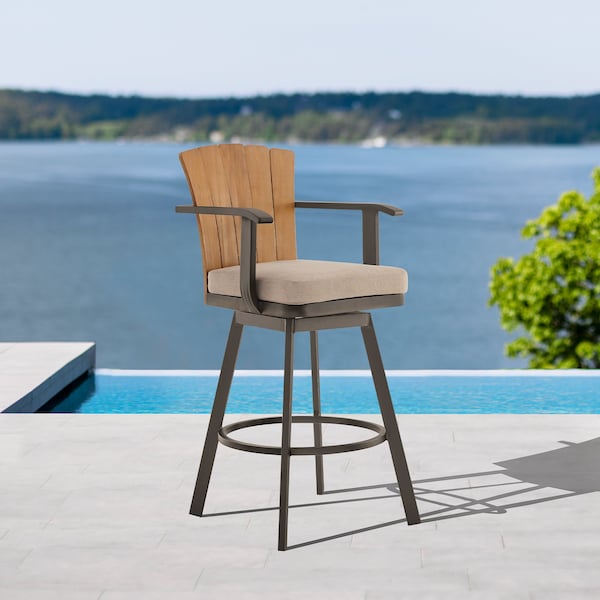 Armen Living Hazel Outdoor Patio Swivel Bar Stool in Aluminum with Teak Wood and Brown Cushion - LCHABABRN30