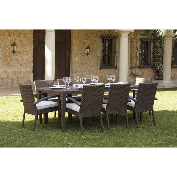 Hospitality Rattan Patio Soho 9-Piece Rectangular Dining Arm Chair Set with Cushions - 903-3308-JBP-9DA-CUSH