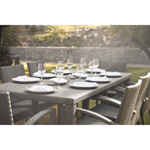 Hospitality Rattan Patio Soho 9-Piece Rectangular Dining Arm Chair Set with Cushions - 903-3308-JBP-9DA-CUSH