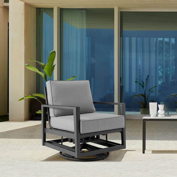 Armen Living Grand Black Aluminum Outdoor Swivel Glider Chair with Dark Gray Cushions - 840254332737