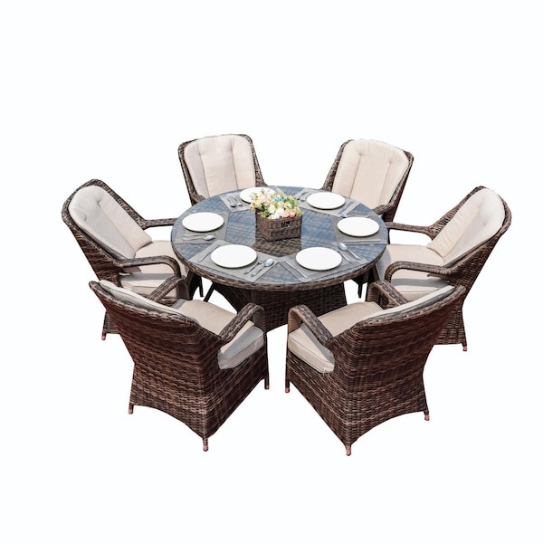 Direct Wicker 7 Piece 6-Seat PE Rattan Wicker Outdoor Patio and Garden Round Dining Table Chair Set - PAD-1711-BROWN