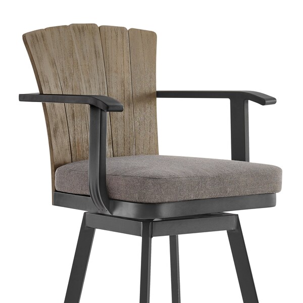 Armen Living Hazel Outdoor Patio Swivel Bar Stool in Aluminum with Teak Wood and Charcoal Cushion - LCHABABLKCH30