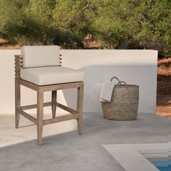 Armen Living Vivid Outdoor Patio Bar Stool in Light Eucalyptus Wood with Taupe Olefin Cushions - LCVIBAEUCTP30