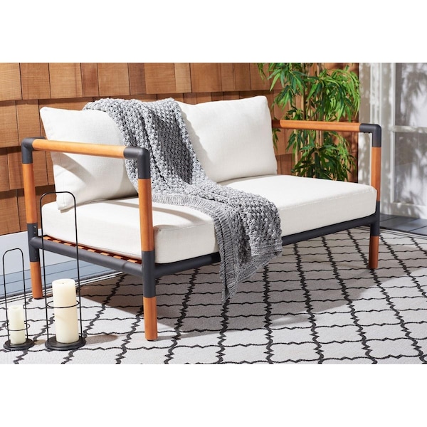 Safavieh 61.4 x 33.1 x 26 in. Tommy Metal & Wood Patio Sofa, Black & White - CPT1030A