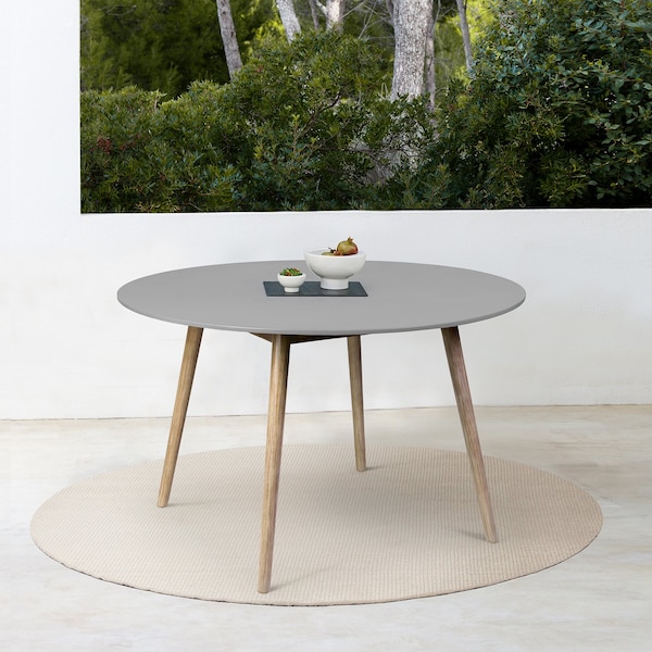 Armen Living Sydney Outdoor Patio Round Dining Table in Light Eucalyptus and Gray Stone - 840254335943